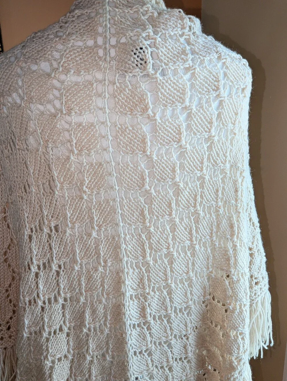 Cream Knitting Fringe Shawl Boho Wrap - Brand Length 71” inches
